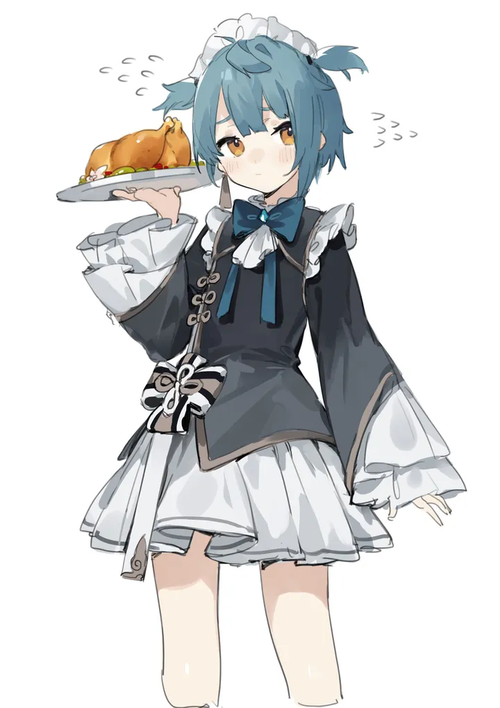 1boy,otoko_no_ko,bangs,solo,closed_mouth,maid,maid_headdress,crossdressing,tray,holding_tray,holding,simple_background,burger,flying_sweatdrops,male_focus,white_skirt,white_background,looking_at_viewer,short_hair,skirt,alternate_costume,vertical,blush,frills,frilled_sleeves,blue_hair,bow,long_sleeves,food,yellow_eyes