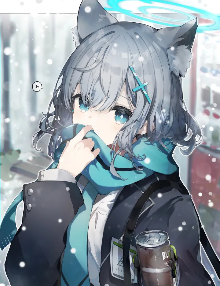 1girl,snowing,mismatched_pupils,medium_hair,upper_body,animal_ears,bangs,bag,cross_hair_ornament,solo,pocket,scarf,halo,hair_ornament,jacket,hair_between_eyes,outdoors,hand_up,can,striped_scarf,school_uniform,blurry,blurry_background,grey_hair,wolf_ears,white_shirt,looking_at_viewer,vertical,animal_ear_fluff,vending_machine,blue_scarf,blue_eyes,shirt,scarf_over_mouth,extra_ears,open_jacket,open_clothes,id_card,covering_mouth,long_sleeves,snow,necktie,black_jacket