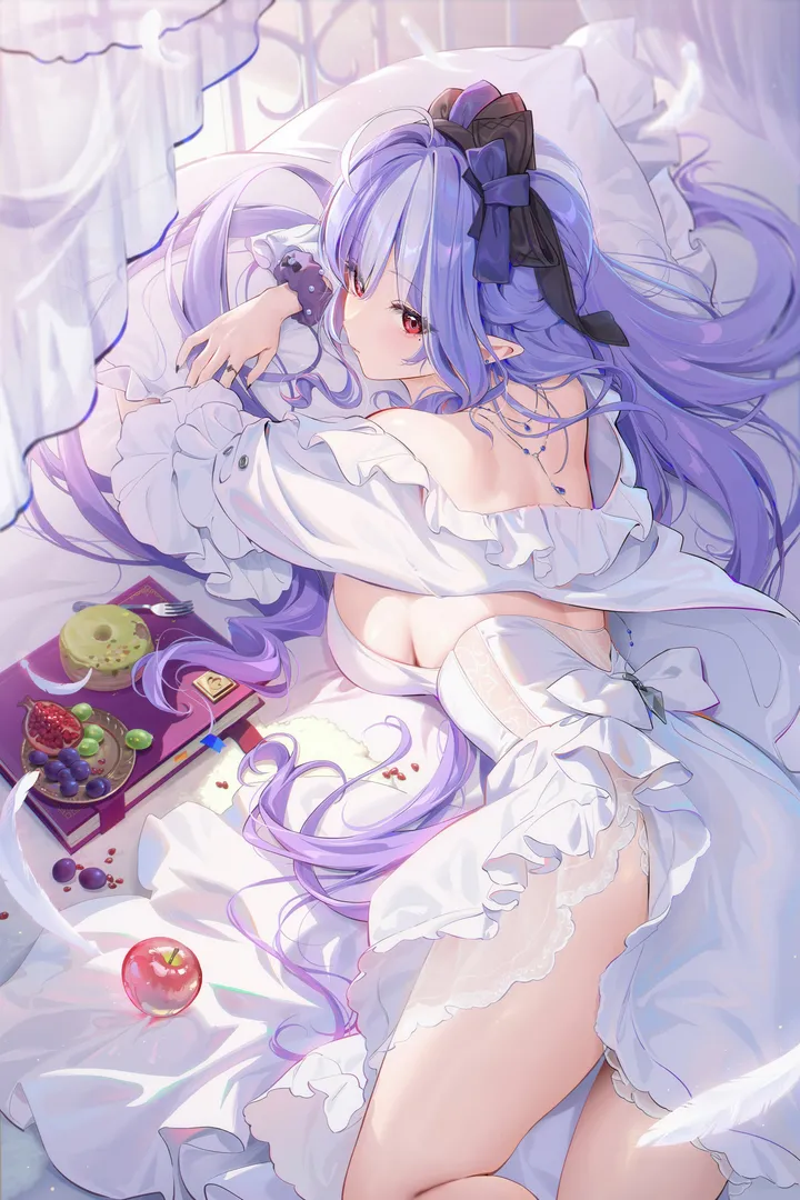 1girl,book,breasts,sideboob,bangs,solo,thighs,pointy_ears,very_long_hair,pillow,fruit,white_dress,looking_at_viewer,vertical,purple_hair,red_eyes,feathers,apple,grapes,bow,hair_bow,on_stomach,lying,large_breasts,dress,long_hair,bare_shoulders,food