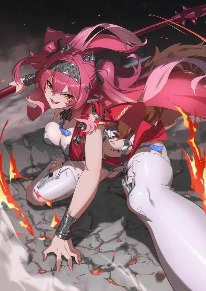 1girl,breasts,cleavage,bangs,solo,twintails,open_mouth,holding_weapon,holding,weapon,fire,white_thighhighs,looking_at_viewer,spear,vertical,smile,pink_hair,large_breasts,thighhighs,long_hair,polearm,yellow_eyes
