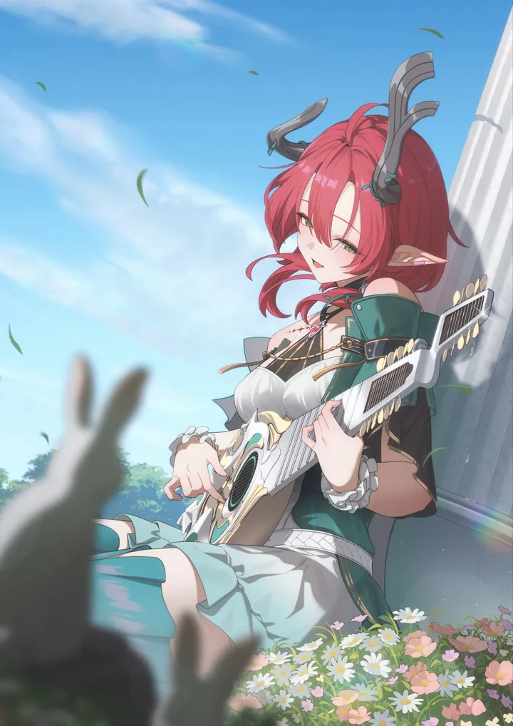 1girl,medium_breasts,instrument,breasts,cloud,rabbit,bangs,blurry_foreground,solo,sitting,sky,pointy_ears,hair_between_eyes,open_mouth,outdoors,holding_instrument,holding,pillar,playing_instrument,day,skirt,vertical,harp,smile,pink_flower,red_hair,green_eyes,blue_sky,thighhighs,dress,bare_shoulders,music,flower