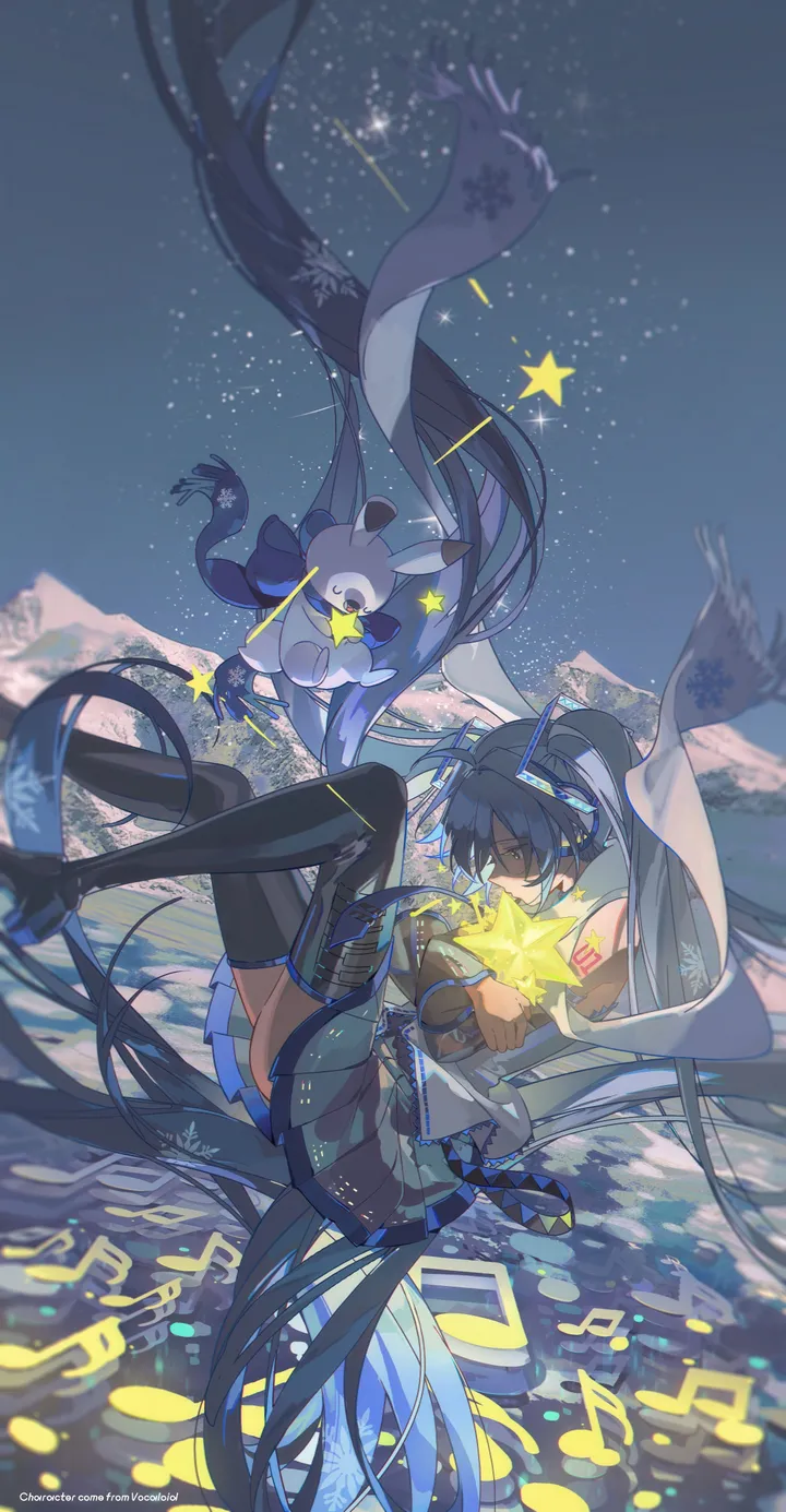 1girl,falling,detached_sleeves,rabbit,eighth_note,closed_eyes,twintails,glowing,scarf,night,night_sky,sky,hair_ornament,headset,mountain,mountainous_horizon,very_long_hair,outdoors,holding,sleeveless,sleeveless_shirt,star_symbol,star_sky,starry_sky,floating,white_scarf,pleated_skirt,skirt,vertical,smile,tattoo,zettai_ryouiki,shoulder_tattoo,blue_scarf,blue_hair,blue_eyes,shirt,absurdly_long_hair,thighhighs,beamed_eighth_notes,long_hair,boots,snow,snowflakes,snowflake_print,bare_shoulders,musical_note,necktie,floating_hair,thigh_boots,black_skirt,black_footwear
