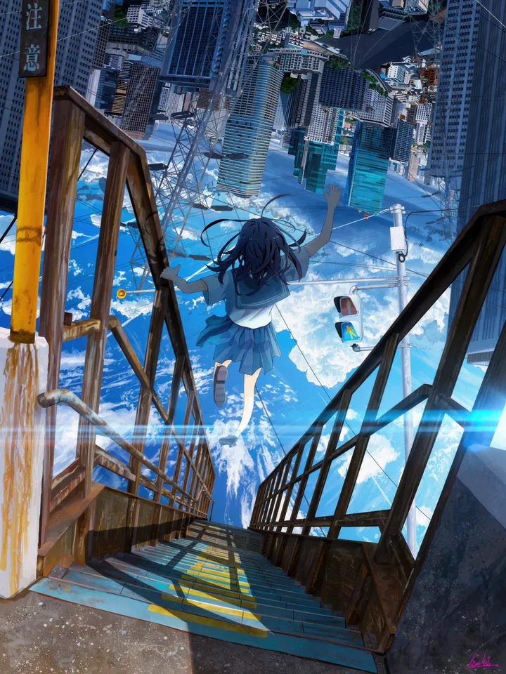 1girl,cloud,crosswalk,outstretched_arms,traffic_light,balancing,solo,stairs,city,sky,building,outdoors,railing,school_uniform,water,serafuku,sailor_collar,utility_pole,power_lines,day,white_shirt,pleated_skirt,short_sleeves,skirt,vertical,signature,from_behind,blue_sky,blue_sailor_collar,blue_skirt,street,shirt,socks,road,railroad_tracks,long_hair,sunlight,facing_away,shoes,scenery,black_hair
