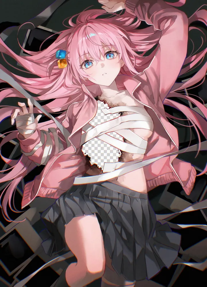 1girl,medium_breasts,arm_up,breasts,on_back,bangs,solo,kneehighs,one_side_up,hair_ornament,jacket,hair_between_eyes,parted_lips,grey_skirt,pleated_skirt,looking_at_viewer,skirt,cube_hair_ornament,vertical,pink_hair,pink_jacket,bandages,navel,blue_eyes,socks,sarashi,open_jacket,open_clothes,lying,track_jacket,collarbone,long_hair,long_sleeves,black_skirt,black_socks