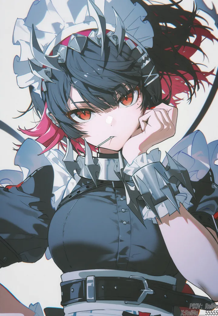 1girl,breasts,upper_body,colored_inner_hair,bangs,solo,two-tone_hair,apron,multicolored_hair,hair_ornament,maid,maid_headdress,simple_background,mole_under_eye,mouth_hold,mole,belt,looking_at_viewer,short_hair,short_sleeves,vertical,wrist_cuffs,red_hair,red_eyes,frills,horns,black_hair