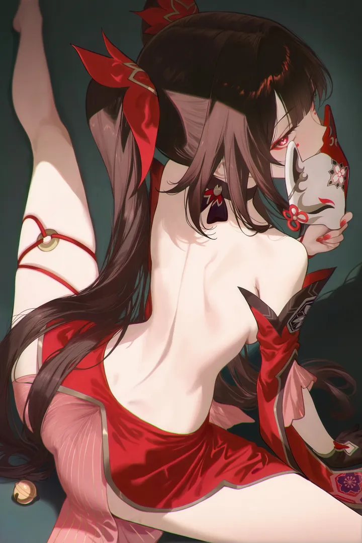 1girl,detached_sleeves,breasts,bangs,solo,twintails,back,looking_back,sitting,thighs,thigh_strap,hair_ornament,ass,very_long_hair,gloves,holding,holding_mask,nail_polish,mask_removed,brown_hair,fox_mask,jewelry,looking_at_viewer,vertical,symbol-shaped_pupils,red_nails,red_eyes,from_behind,bare_back,topless,on_stomach,small_breasts,dress,long_hair,bare_shoulders,mask