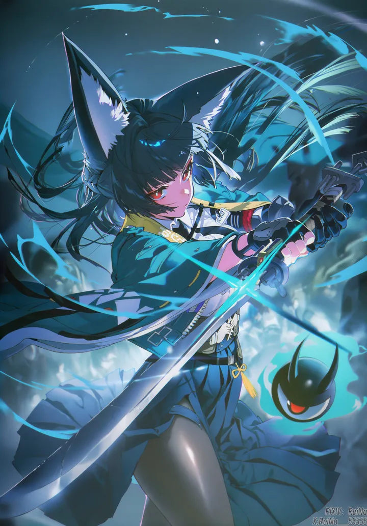 1girl,animal_ears,bangs,sword,sheath,solo,closed_mouth,makeup,wide_sleeves,gloves,holding_sword,holding_weapon,holding,fingerless_gloves,japanese_clothes,katana,weapon,fox_girl,fox_ears,white_shirt,pleated_skirt,belt,blunt_bangs,looking_at_viewer,eyeshadow,skirt,vertical,red_eyeshadow,red_eyes,animal_ear_fluff,blue_skirt,shirt,pantyhose,long_hair,long_sleeves,necktie,black_hair,black_gloves,black_pantyhose