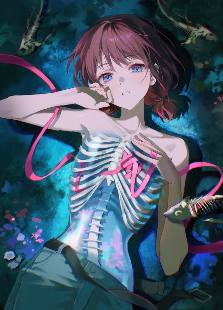1girl,cowboy_shot,ribbon,on_back,bangs,solo,twintails,parted_lips,hand_up,brown_hair,belt,looking_at_viewer,short_twintails,short_hair,vertical,red_hair,ribs,blue_eyes,pants,lying,collarbone,shadow,bare_shoulders,bone,skeleton,fish,black_belt