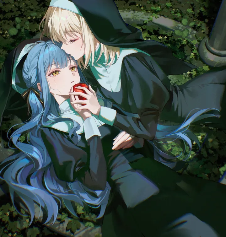 2girls,braid,ribbon,kiss,on_back,nun,habit,bangs,closed_eyes,crying,multiple_girls,hair_ribbon,very_long_hair,parted_lips,outdoors,holding,holding_fruit,holding_food,juliet_sleeves,plant,fruit,yuri,tears,short_hair,vertical,apple,blue_hair,puffy_sleeves,lying,dress,blonde_hair,long_hair,long_sleeves,food,yellow_eyes,black_ribbon,black_dress