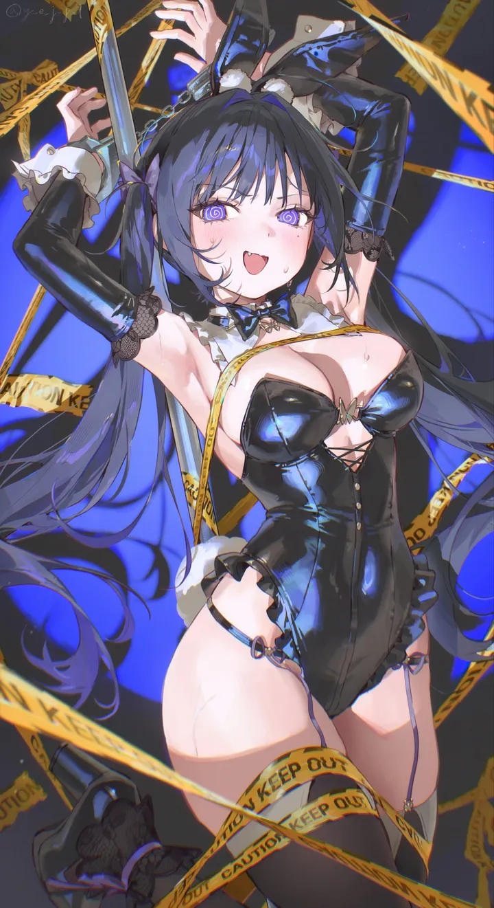 1girl,detached_sleeves,medium_breasts,arms_up,breasts,cleavage,fake_tail,playboy_bunny,rabbit_tail,rabbit_ears,animal_ears,bangs,fake_animal_ears,solo,twintails,garter_straps,thighs,tail,frilled_leotard,open_mouth,very_long_hair,bound,strapless_leotard,sweat,mole,looking_at_viewer,vertical,smile,wrist_cuffs,leotard,purple_eyes,blush,armpits,frills,blue_bow,fang,skin_fang,bow,skindentation,keep_out,caution_tape,large_breasts,thighhighs,pole,long_hair,covered_navel,bowtie,detached_collar,highleg,highleg_leotard,high_heels,black_hair,black_bow,black_thighhighs,black_leotard,black_footwear,black_bowtie