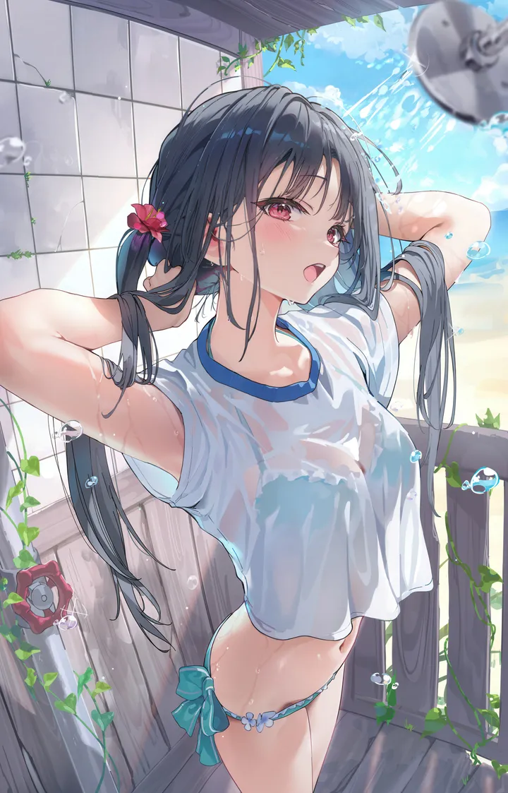 1girl,medium_breasts,arms_up,breasts,bangs,see-through,solo,arms_behind_head,twintails,thighs,hair_flower,hair_ornament,open_mouth,outdoors,bikini,bikini_under_clothes,water,no_pants,swimsuit,day,white_shirt,looking_at_viewer,short_sleeves,vertical,standing,red_eyes,navel,blush,armpits,blue_bikini,shirt,wet_clothes,wet_shirt,wet,long_hair,crop_top,flower,black_hair