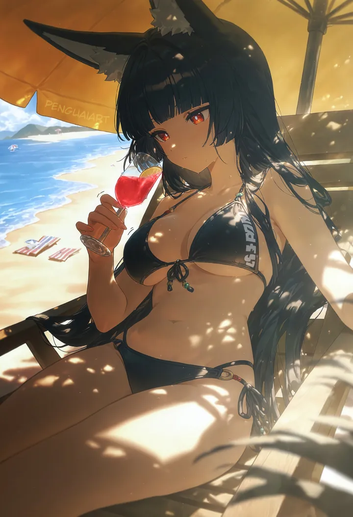 1girl,side-tie_bikini_bottom,breasts,cleavage,front-tie_top,animal_ears,bangs,solo,closed_mouth,sitting,stomach,very_long_hair,outdoors,holding_cup,holding,cup,bikini,water,fruit,beach_umbrella,beach_chair,swimsuit,ocean,beach,tropical_drink,fox_ears,day,blunt_bangs,vertical,multi-strapped_bikini,string_bikini,red_eyes,halterneck,front-tie_bikini_top,animal_ear_fluff,navel,lounge_chair,large_breasts,drinking_glass,collarbone,long_hair,sunlight,umbrella,bare_shoulders,shade,drink,cocktail_glass,black_hair,black_bikini
