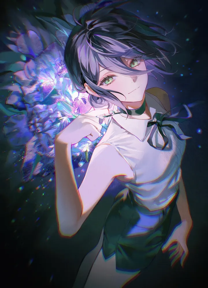 1girl,cowboy_shot,ribbon,breasts,bangs,solo,closed_mouth,hair_bun,hair_between_eyes,sleeveless,sleeveless_shirt,collared_shirt,white_shirt,looking_at_viewer,short_hair,shorts,vertical,smile,short_shorts,green_eyes,blush,shirt,choker,neck_ribbon,flower,black_ribbon,black_hair,black_shorts,black_background,black_choker