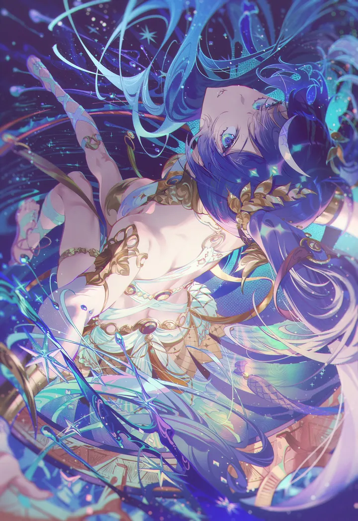 1girl,breasts,bangs,solo,twintails,multicolored_hair,thighlet,hair_ornament,very_long_hair,parted_lips,bracelet,water,jewelry,looking_at_viewer,vertical,purple_hair,armlet,blue_hair,blue_eyes,long_hair,bare_shoulders