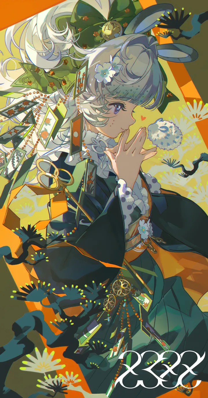 1girl,from_side,rabbit_ears,animal_ears,bangs,chinese_zodiac,solo,hands_up,own_hands_together,kimono,hair_flower,hair_ornament,wide_sleeves,heart,new_year,happy_new_year,japanese_clothes,grey_hair,white_hair,white_flower,skirt,vertical,green_bow,mouse_ears,frills,frilled_sleeves,blue_eyes,bow,hair_bow,bell,long_hair,long_sleeves,ponytail,flower,year_of_the_rat