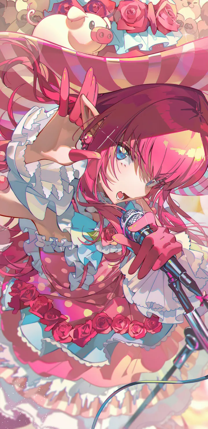 1girl,detached_sleeves,idol,layered_dress,bangs,solo,singing,polka_dot,pointy_ears,hat_flower,hat,open_mouth,holding,holding_microphone,striped,striped_dress,stuffed_animal,stuffed_toy,pig,rose,jewelry,looking_at_viewer,vertical,vertical_stripes,vertical-striped_dress,pink_hair,pink_rose,pink_flower,pink_dress,wrist_cuffs,red_flower,earrings,dress_flower,frills,frilled_dress,blue_eyes,dress,long_hair,music,top_hat,flower,microphone,microphone_stand