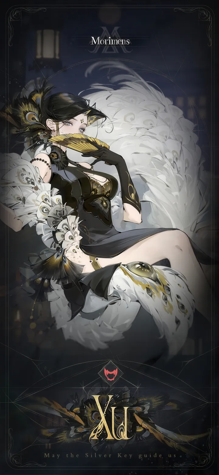 1girl,breasts,cleavage,bangs,solo,sitting,hair_ornament,hand_fan,gloves,folding_fan,holding_fan,holding,mole_under_eye,jewelry,mole,looking_at_viewer,vertical,feather_boa,earrings,english_text,blue_eyes,clothing_cutout,large_breasts,dress,covering_mouth,cleavage_cutout,black_hair,black_gloves,black_dress