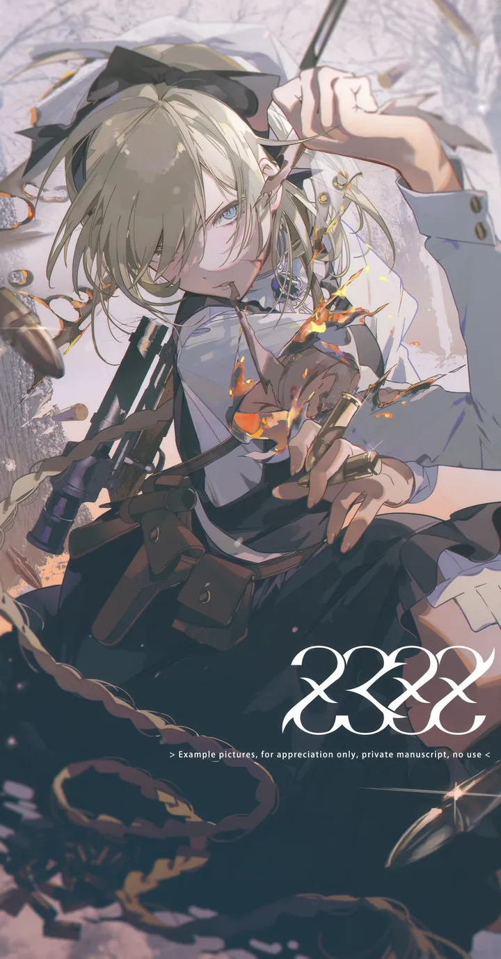 1girl,braid,bangs,solo,hair_over_one_eye,pointy_ears,bullet,grenade,holding,explosive,weapon,fire,jewelry,mouth_hold,white_shirt,looking_at_viewer,vertical,blue_eyes,bow,hair_bow,shirt,pouch,dress,blonde_hair,long_hair,long_sleeves,black_bow