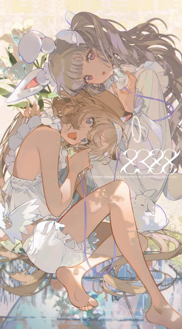 2girls,rabbit_ears,animal_ears,underwear,bangs,twintails,multiple_girls,open_mouth,very_long_hair,brown_hair,looking_at_viewer,vertical,smile,purple_eyes,feet,soles,toes,frills,blue_eyes,bare_legs,barefoot,dress,long_hair