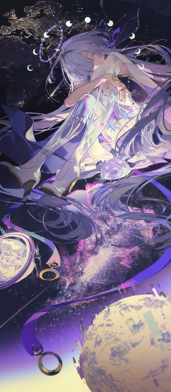 1girl,bangs,solo,closed_eyes,twintails,ahoge,earth_planet,sitting,halo,space,very_long_hair,star_sky,white_dress,white_footwear,vertical,blue_hair,planet,absurdly_long_hair,dress,long_hair,boots,high_heels