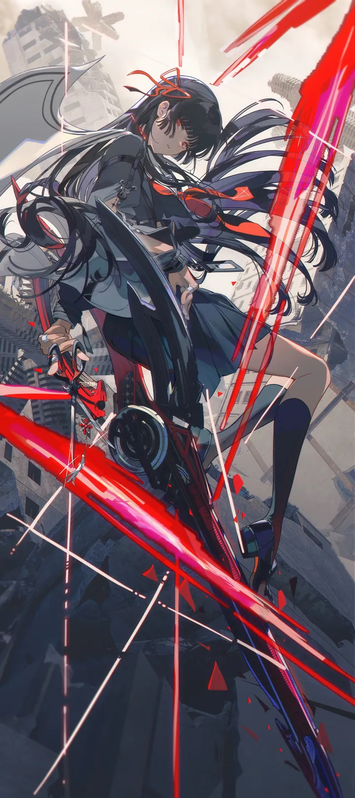 1girl,neckerchief,ribbon,full_body,bangs,sword,solo,kneehighs,closed_mouth,city,hair_ribbon,hat,building,outdoors,holding_sword,holding_weapon,holding,school_uniform,weapon,serafuku,pleated_skirt,looking_at_viewer,skirt,vertical,red_neckerchief,red_ribbon,red_eyes,shirt,socks,long_hair,long_sleeves,shoes,black_hair,black_serafuku,black_skirt,black_socks