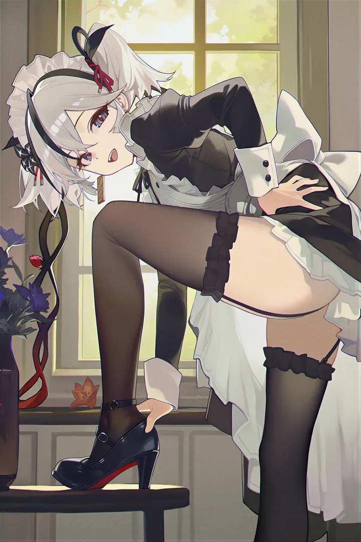 1girl,ribbon,from_side,bangs,solo,hand_on_hip,standing_on_one_leg,leg_up,twintails,garter_straps,apron,multicolored_hair,thighs,hair_ribbon,maid,maid_apron,maid_headdress,indoors,ass,open_mouth,bent_over,streaked_hair,juliet_sleeves,white_hair,looking_at_viewer,window,vertical,standing,smile,frills,frilled_dress,blue_eyes,puffy_sleeves,bow,leaning_forward,thighhighs,dress,long_sleeves,shoes,high_heels,flower,black_hair,black_thighhighs,black_dress,black_footwear