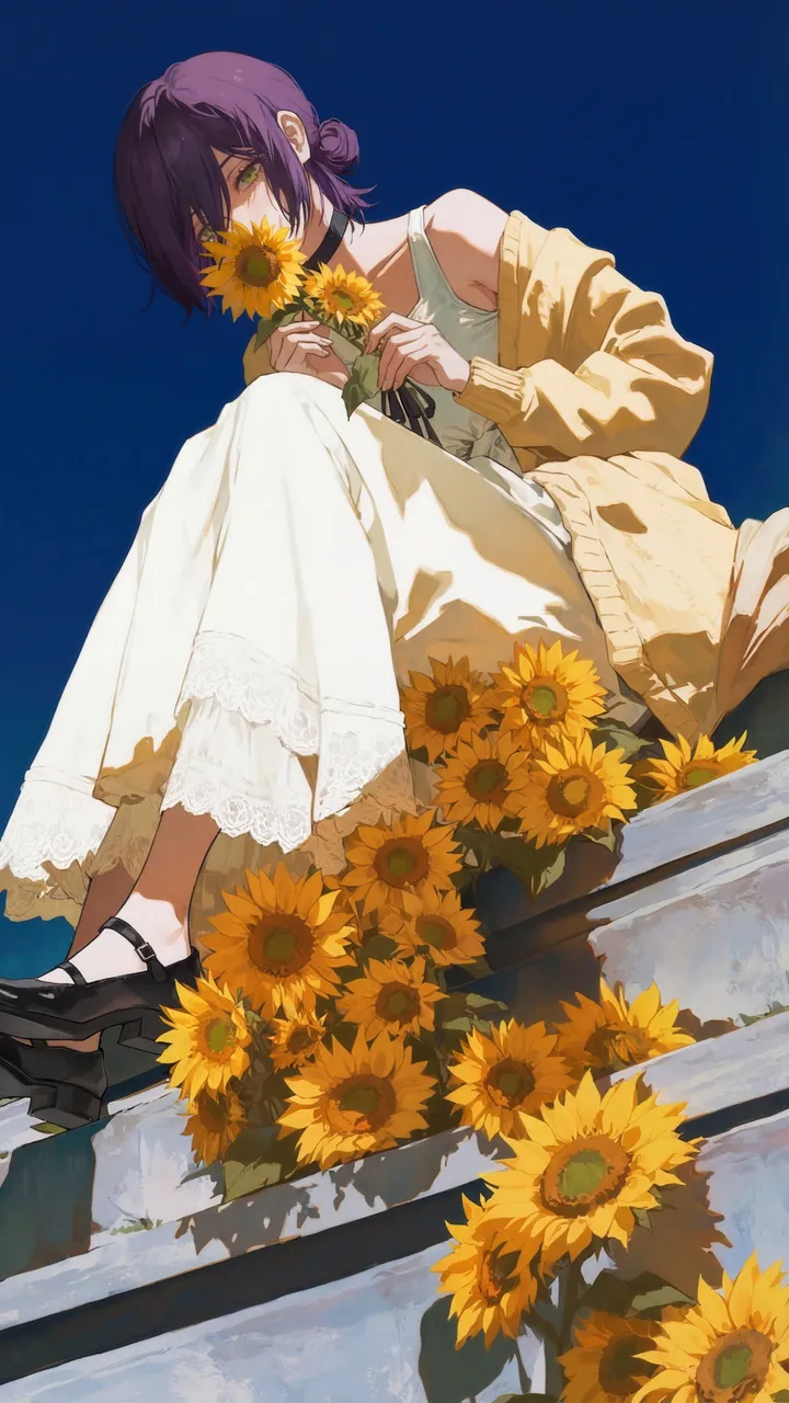 1girl,medium_hair,full_body,solo,single_hair_bun,stairs,sunflower,hair_bun,sitting,sky,hair_between_eyes,cardigan,outdoors,holding,holding_flower,sleeveless,sleeveless_dress,white_dress,looking_at_viewer,short_hair,alternate_costume,vertical,purple_hair,green_eyes,blue_sky,blue_background,open_clothes,dress,bare_shoulders,off_shoulder,shoes,choker,flower,yellow_flower,black_footwear,black_choker