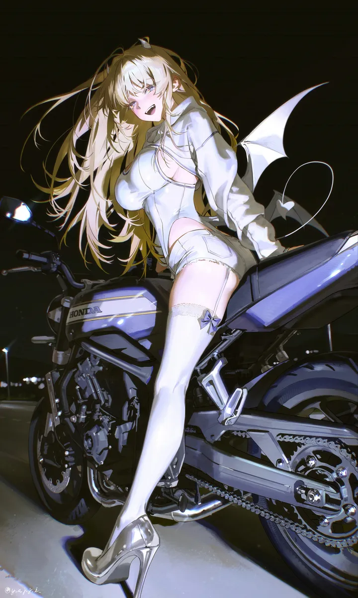 1girl,breasts,sideboob,full_body,bangs,solo,garter_straps,ground_vehicle,thighs,jacket,tail,ass,open_mouth,demon_girl,demon_tail,demon_wings,motorcycle,motor_vehicle,white_jacket,white_shorts,white_thighhighs,white_leotard,looking_at_viewer,shorts,vertical,smile,short_shorts,leotard,purple_eyes,wings,blush,horns,large_breasts,thighhighs,blonde_hair,long_hair,long_sleeves,high_heels,black_background