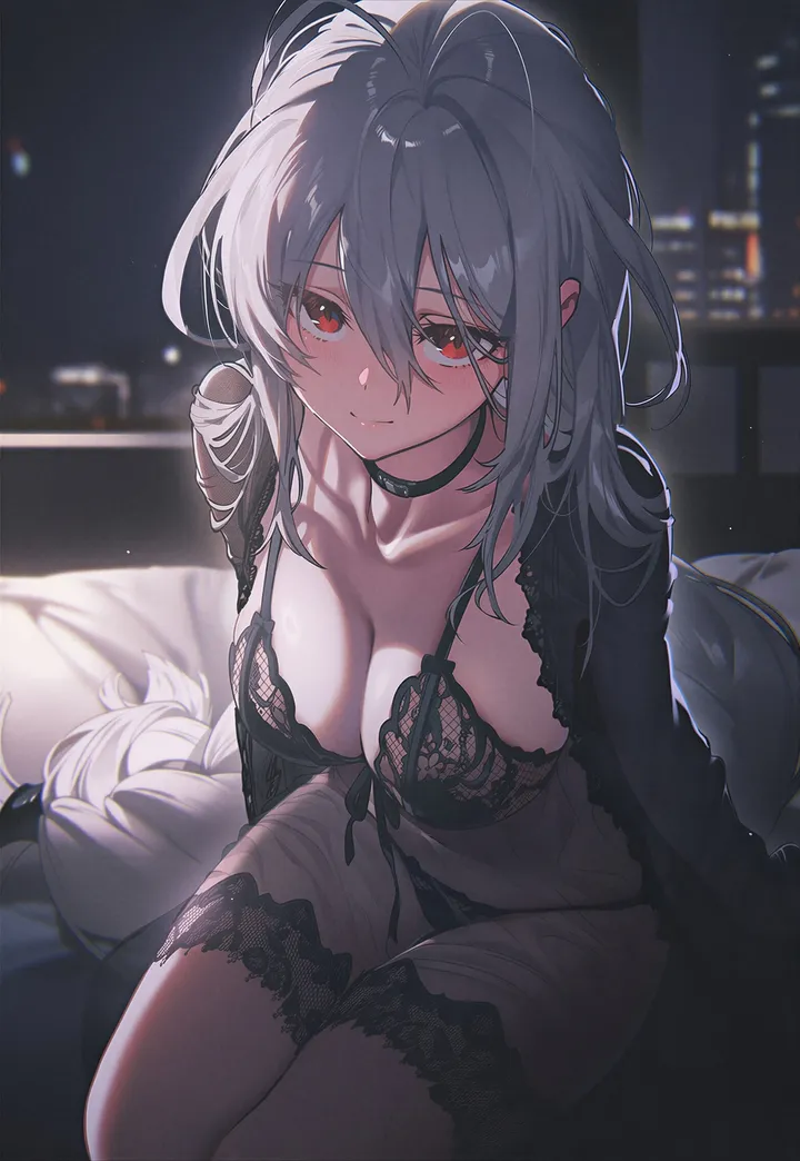 1girl,braid,breasts,cleavage,underwear,panties,bangs,see-through,solo,closed_mouth,on_bed,sitting,night,thighs,lingerie,indoors,hair_between_eyes,very_long_hair,babydoll,grey_hair,looking_at_viewer,vertical,smile,red_eyes,navel,bra,blush,lace_trim,open_clothes,large_breasts,collarbone,long_hair,long_sleeves,choker,black_panties,black_bra,black_choker
