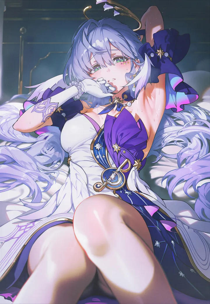 1girl,arm_up,breasts,cleavage,on_back,bangs,solo,closed_mouth,on_bed,halo,hair_between_eyes,very_long_hair,gloves,bracelet,sweat,beads,jewelry,white_gloves,white_dress,looking_at_viewer,vertical,purple_hair,green_eyes,blush,armpits,lying,large_breasts,hair_intakes,dress,pantyhose,long_hair