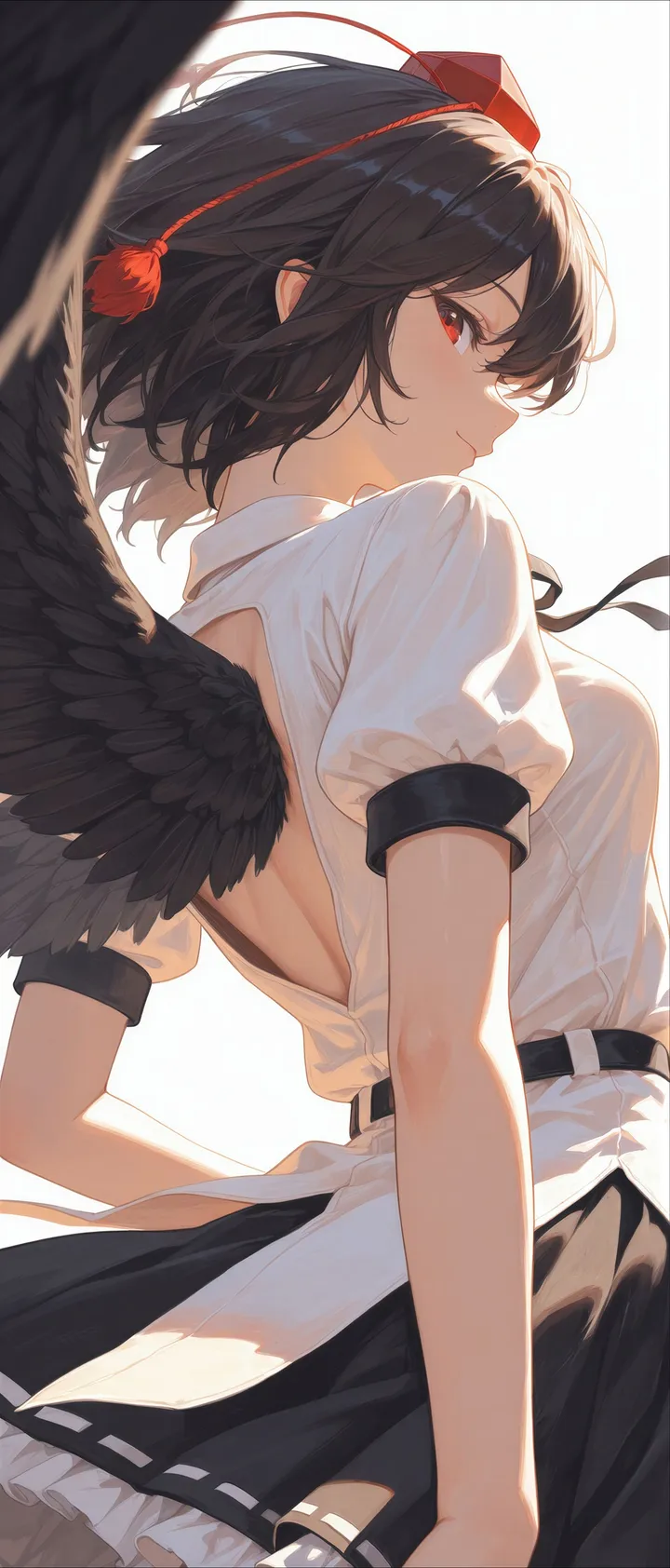 1girl,cowboy_shot,ribbon,medium_breasts,breasts,bangs,solo,back,closed_mouth,looking_back,tokin_hat,pom_pom_clothes,hat,simple_background,tassel,white_background,white_shirt,belt,looking_at_viewer,short_hair,short_sleeves,skirt,vertical,smile,red_headwear,red_eyes,feathered_wings,wings,from_behind,back_cutout,frills,frilled_skirt,puffy_short_sleeves,puffy_sleeves,shirt,petticoat,clothing_cutout,neck_ribbon,black_ribbon,black_hair,black_skirt,black_wings
