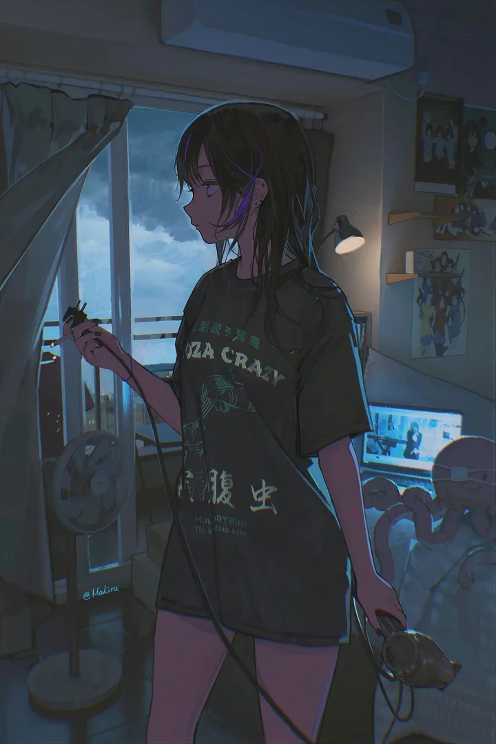 1girl,t-shirt,cloud,profile,bangs,solo,closed_mouth,cloudy_sky,multicolored_hair,night,sky,indoors,phone,holding,streaked_hair,clock,brown_hair,dark,lamp,television,short_sleeves,shorts,window,curtains,vertical,standing,octopus,short_shorts,purple_hair,purple_eyes,cable,english_text,shirt,tentacles,long_hair,rain,black_hair,black_shirt