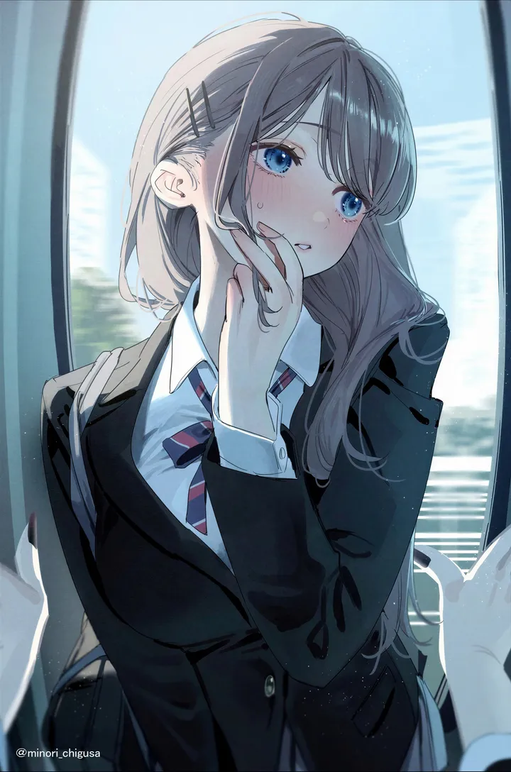 1girl,school_bag,breasts,train_interior,bangs,bag,solo,solo_focus,hairclip,hair_ornament,jacket,indoors,parted_lips,twitter_username,collared_shirt,school_uniform,brown_hair,white_shirt,looking_to_the_side,skirt,looking_away,window,vertical,pov,blush,blue_eyes,shirt,blazer,long_hair,long_sleeves,necktie,black_jacket