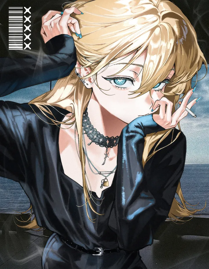 1girl,bangs,solo,smoking,sitting,hair_between_eyes,holding_cigarette,holding,nail_polish,barcode,smoke,jewelry,belt,looking_at_viewer,piercing,ear_piercing,vertical,earrings,blue_nails,blue_eyes,shirt,sleeves_past_wrists,pants,blonde_hair,collarbone,long_hair,long_sleeves,choker,necklace,cigarette,black_belt,black_shirt,black_choker