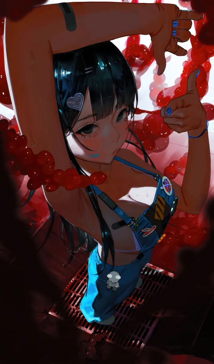 1girl,arm_up,breasts,mole_on_breast,cleavage,from_above,bangs,bandaid,solo,hairclip,hair_ornament,overalls,heart,heart_hair_ornament,nail_polish,bikini,sweat,mole_under_eye,swimsuit,mole,looking_at_viewer,vertical,blush,armpits,blue_nails,naked_overalls,large_breasts,long_hair,black_hair,black_eyes