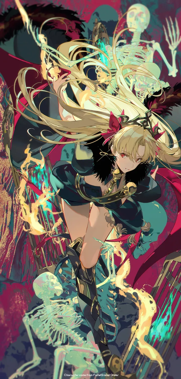 1girl,ribbon,breasts,parted_bangs,bangs,solo,single_thighhigh,hair_ribbon,two_side_up,cape,holding,infinity,weapon,fur_trim,fur-trimmed_cape,fire,jewelry,tiara,looking_at_viewer,vertical,cage,red_ribbon,red_cape,red_eyes,earrings,spine,bow,leaning_forward,thighhighs,dress,gold_trim,blonde_hair,long_hair,boots,skeleton,skull,black_dress