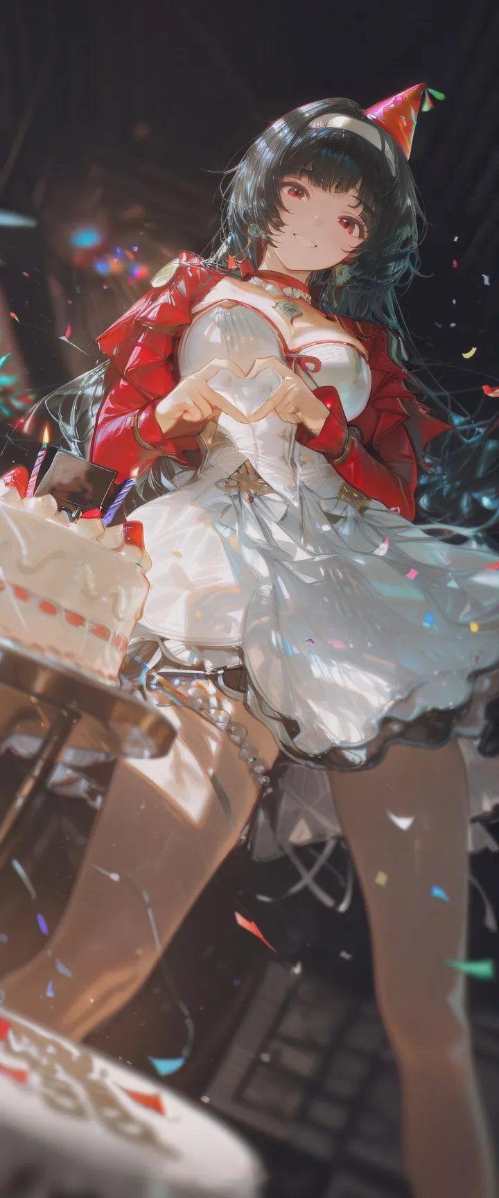 1girl,medium_breasts,breasts,cleavage,from_below,bangs,solo,heart_hands,hairband,thigh_strap,jacket,hat,confetti,heart,table,blurry,fruit,jewelry,white_dress,looking_at_viewer,cropped_jacket,vertical,standing,smile,red_jacket,red_eyes,earrings,cake,candle,large_breasts,dress,long_hair,long_sleeves,choker,food,black_hair