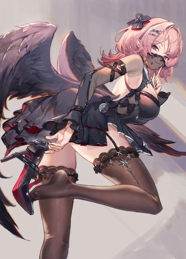 1girl,detached_sleeves,breasts,bangs,see-through,solo,hairclip,mouth_mask,garter_straps,looking_back,thighs,hair_ornament,pointy_ears,ass,looking_at_viewer,vertical,pink_hair,purple_eyes,wings,feet,large_breasts,thighhighs,dress,long_hair,mask,veil,high_heels,black_wings,black_thighhighs,black_dress,black_footwear