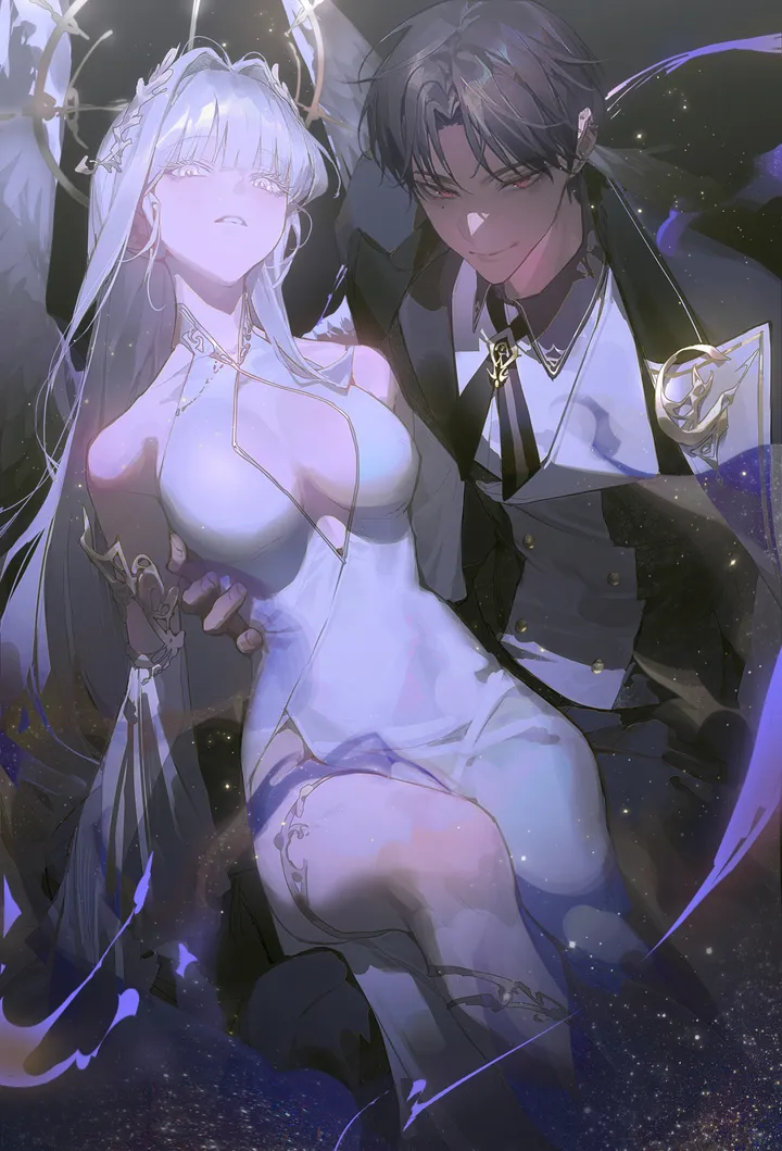 1girl,1boy,breasts,cleavage,bangs,angel,halo,parted_lips,gloves,white_hair,white_dress,looking_at_viewer,short_hair,vertical,smile,red_eyes,wings,shirt,thighhighs,dress,long_hair,elbow_gloves,bare_shoulders,necktie,black_hair,black_gloves,black_necktie