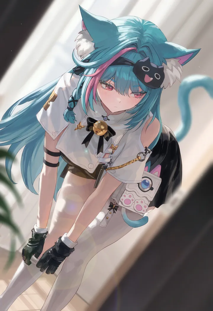 1girl,virtual_youtuber,braid,breasts,animal_ears,bangs,blurry_foreground,solo,single_thighhigh,feet_out_of_frame,hairband,closed_mouth,multicolored_hair,hair_ornament,indoors,tail,mask_on_head,gloves,streaked_hair,blurry,cat_girl,cat_tail,cat_hair_ornament,cat_ears,jingle_bell,white_shirt,white_thighhighs,looking_to_the_side,short_sleeves,skirt,looking_away,vertical,standing,pink_hair,pink_eyes,red_eyes,animal_ear_fluff,blush,blue_hair,shirt,clothing_cutout,adjusting_legwear,leaning_forward,thighhighs,bell,long_hair,mask,black_gloves,black_skirt