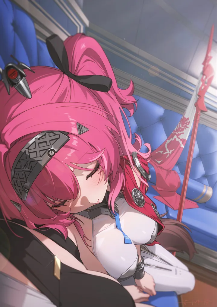 1girl,2girls,breasts,train_interior,bangs,solo_focus,closed_eyes,twintails,hairband,closed_mouth,sitting,multiple_girls,jacket,weapon,sleeping_on_person,sleeping,vertical,pink_hair,blush,large_breasts,long_hair,leaning_on_person