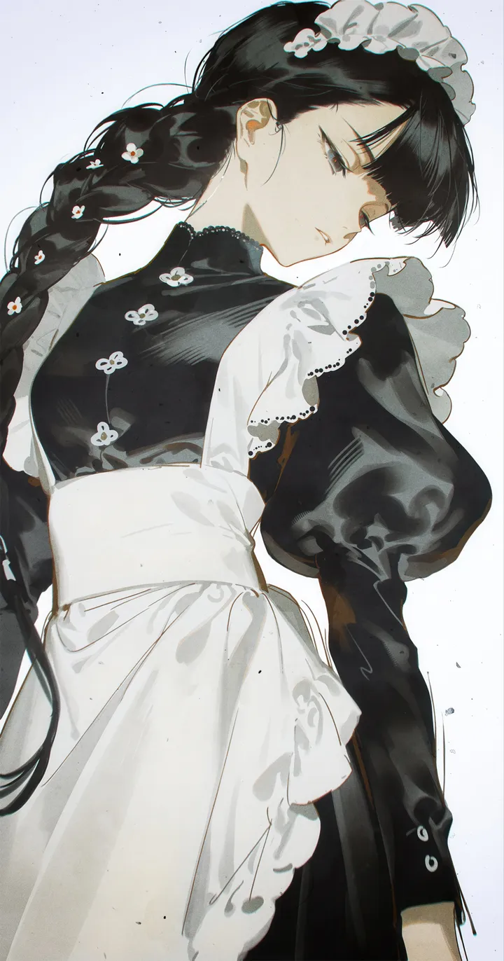 1girl,braid,looking_down,bangs,solo,closed_mouth,apron,hair_flower,hair_ornament,maid,maid_apron,maid_headdress,juliet_sleeves,simple_background,white_apron,white_background,blunt_bangs,looking_to_the_side,looking_away,vertical,frills,puffy_sleeves,dress,long_hair,long_sleeves,flower,black_hair,black_dress