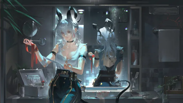 1girl,cowboy_shot,ribbon,medium_breasts,breasts,cleavage,bangs,cosmetics,solo,reflection,multicolored_hair,pointy_ears,indoors,tail,hair_between_eyes,demon_tail,demon_horns,gloves,buckle,holding,streaked_hair,plant,horizontal,looking_at_mirror,sink,grey_hair,jewelry,bottle,white_hair,white_shirt,belt,belt_buckle,potted_plant,looking_at_viewer,standing,red_ribbon,red_eyes,shirt,pants,horns,cuffs,collarbone,mirror,long_hair,bare_shoulders,choker,black_belt,black_choker