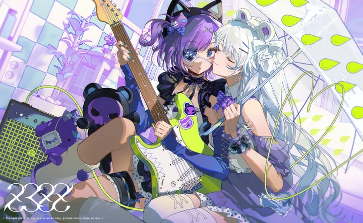 2girls,virtual_youtuber,detached_sleeves,instrument,kiss,animal_ears,fake_animal_ears,closed_eyes,guitar,sitting,multiple_girls,hair_ornament,indoors,holding,holding_umbrella,plant,horizontal,stuffed_animal,stuffed_toy,teddy_bear,bear_ears,electric_guitar,white_hair,yuri,eyepatch,short_hair,purple_hair,blue_eyes,bow,hair_bow,socks,bass_guitar,thighhighs,dress,long_hair,umbrella,flower