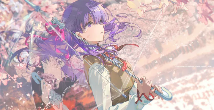1girl,ribbon,upper_body,bangs,dual_persona,reflection,hair_ribbon,parted_lips,holding,holding_umbrella,school_uniform,brown_vest,horizontal,cherry_blossoms,white_shirt,purple_hair,purple_eyes,red_ribbon,vest,petals,shirt,long_hair,long_sleeves,umbrella,neck_ribbon,flower