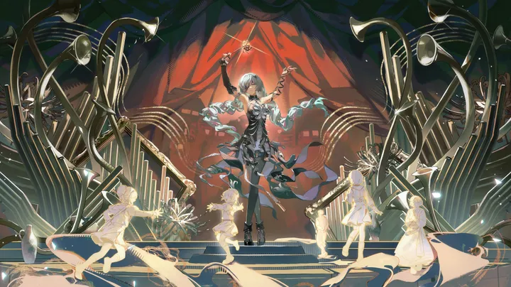 detached_sleeves,arm_up,instrument,bangs,closed_eyes,twintails,multiple_girls,trumpet,violin,very_long_hair,gloves,holding_instrument,holding,baton_conducting,sleeveless,sleeveless_dress,horizontal,playing_instrument,white_dress,curtains,standing,stage,thighhighs,dress,long_hair,elbow_gloves,bare_shoulders,music,high_heels,black_gloves,black_dress,black_footwear