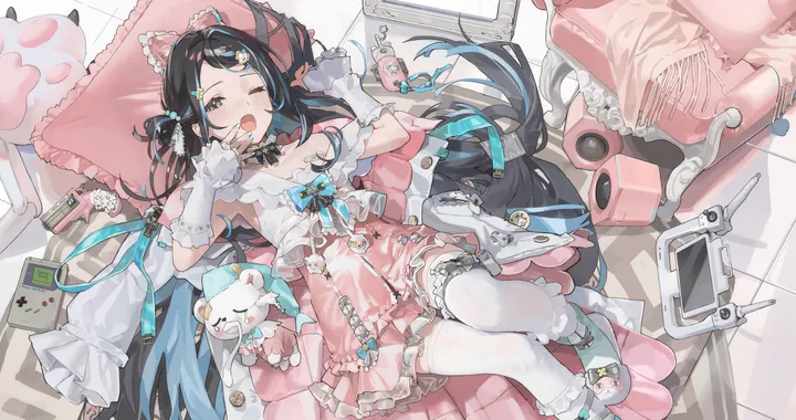 1girl,on_back,animal_ears,bangs,fake_animal_ears,solo,hairclip,multicolored_hair,hair_ornament,open_mouth,very_long_hair,phone,yawning,nail_polish,smartphone,pillow,horizontal,stuffed_animal,stuffed_toy,cat_ears,white_thighhighs,skirt,cellphone,pink_skirt,frills,blue_hair,blue_nails,blue_eyes,blue_bow,fang,bow,lying,thighhighs,dress,long_hair,one_eye_closed,black_hair