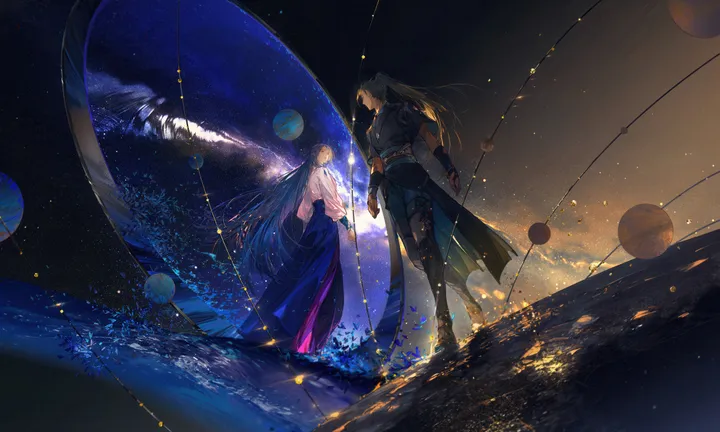 2girls,dutch_angle,sword,multiple_girls,sky,very_long_hair,gloves,holding,japanese_clothes,star_sky,starry_sky,horizontal,weapon,armor,looking_at_another,standing,blue_hair,planet,long_hair,boots,ponytail,flower,black_hair