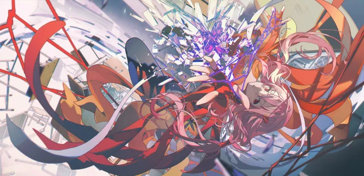 1girl,detached_sleeves,medium_breasts,breasts,cleavage,solo,twintails,hairclip,hair_ornament,center_opening,gloves,fingerless_gloves,horizontal,looking_at_viewer,broken_glass,pink_hair,red_eyes,thighhighs,long_hair,elbow_gloves,bare_shoulders,black_thighhighs