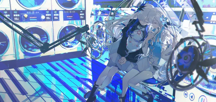 2girls,virtual_youtuber,bangs,closed_eyes,dual_persona,sitting,multiple_girls,multicolored_hair,hair_flower,hair_ornament,hair_over_one_eye,very_long_hair,horizontal,grey_hair,holding_hands,white_hair,white_dress,skirt,smile,shirt,socks,dress,long_hair,long_sleeves,boots,flower,black_footwear
